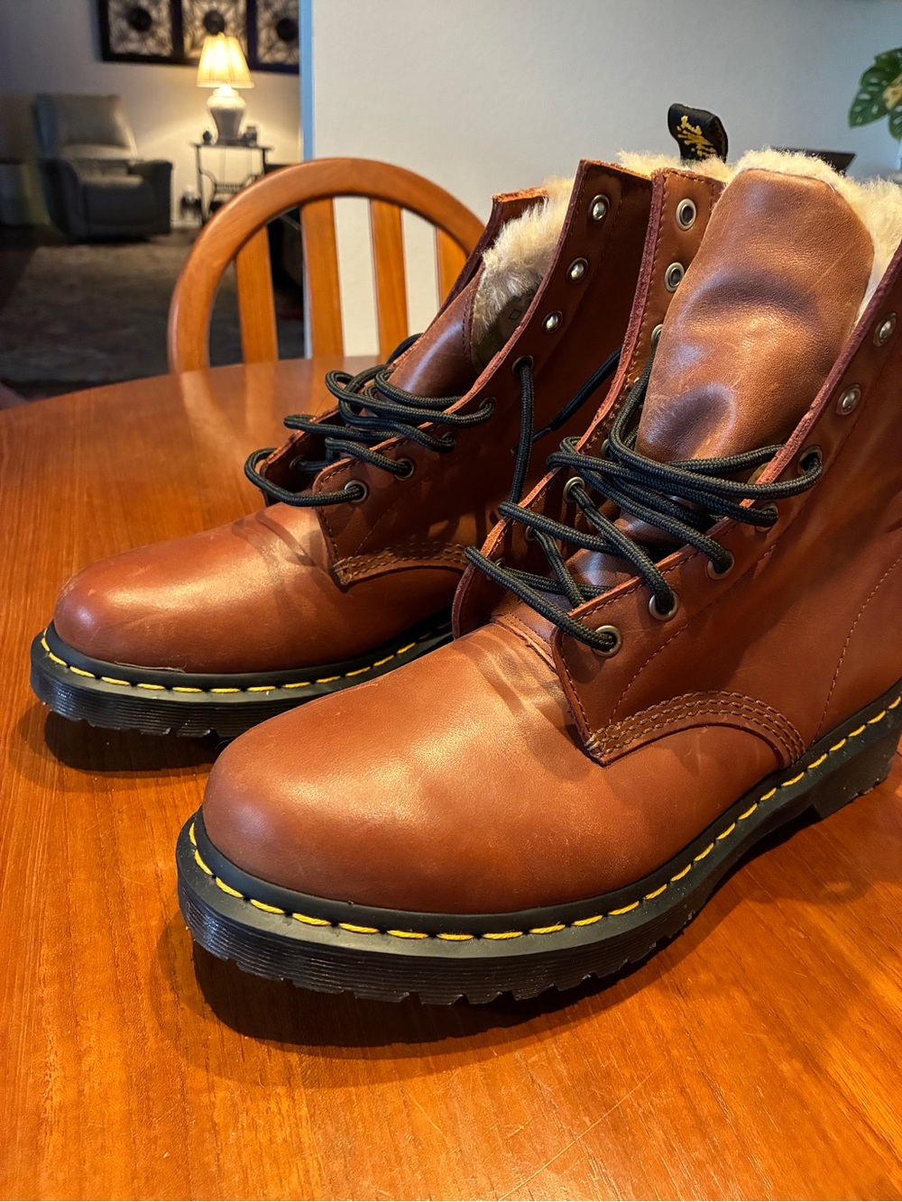 Dr. Martens Brown Leather Lace-Up Boots with Yellow Stitching
